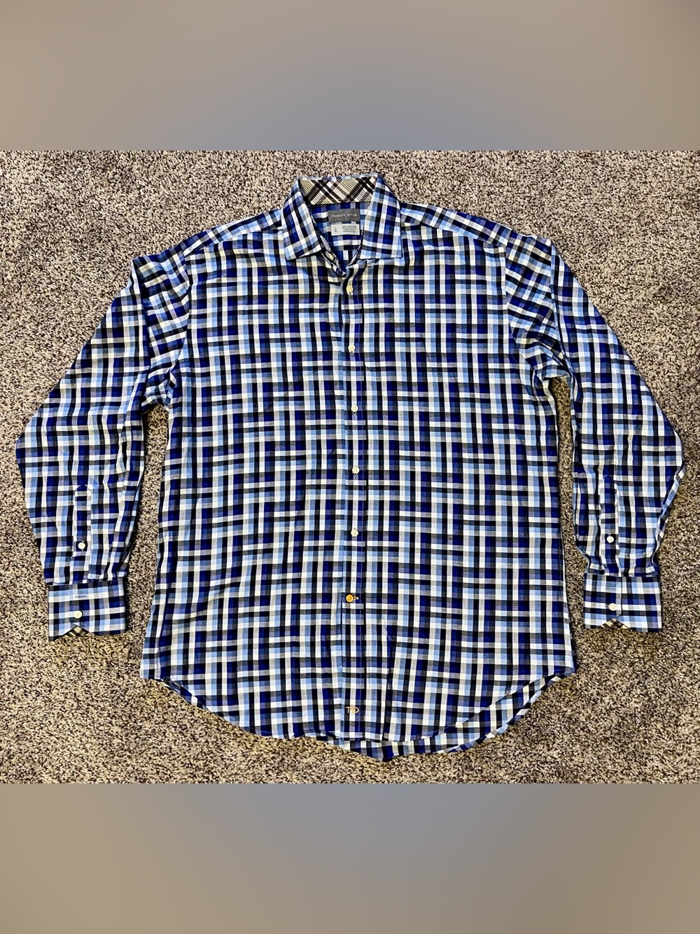 Thomas Dean Blue and White Plaid Button-Down Shirt